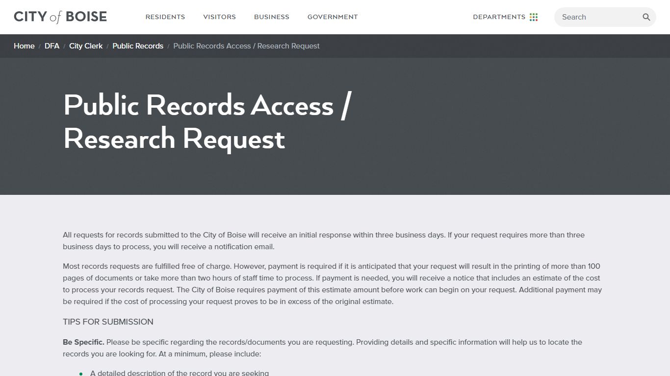 Public Records Access / Research Request | City of Boise