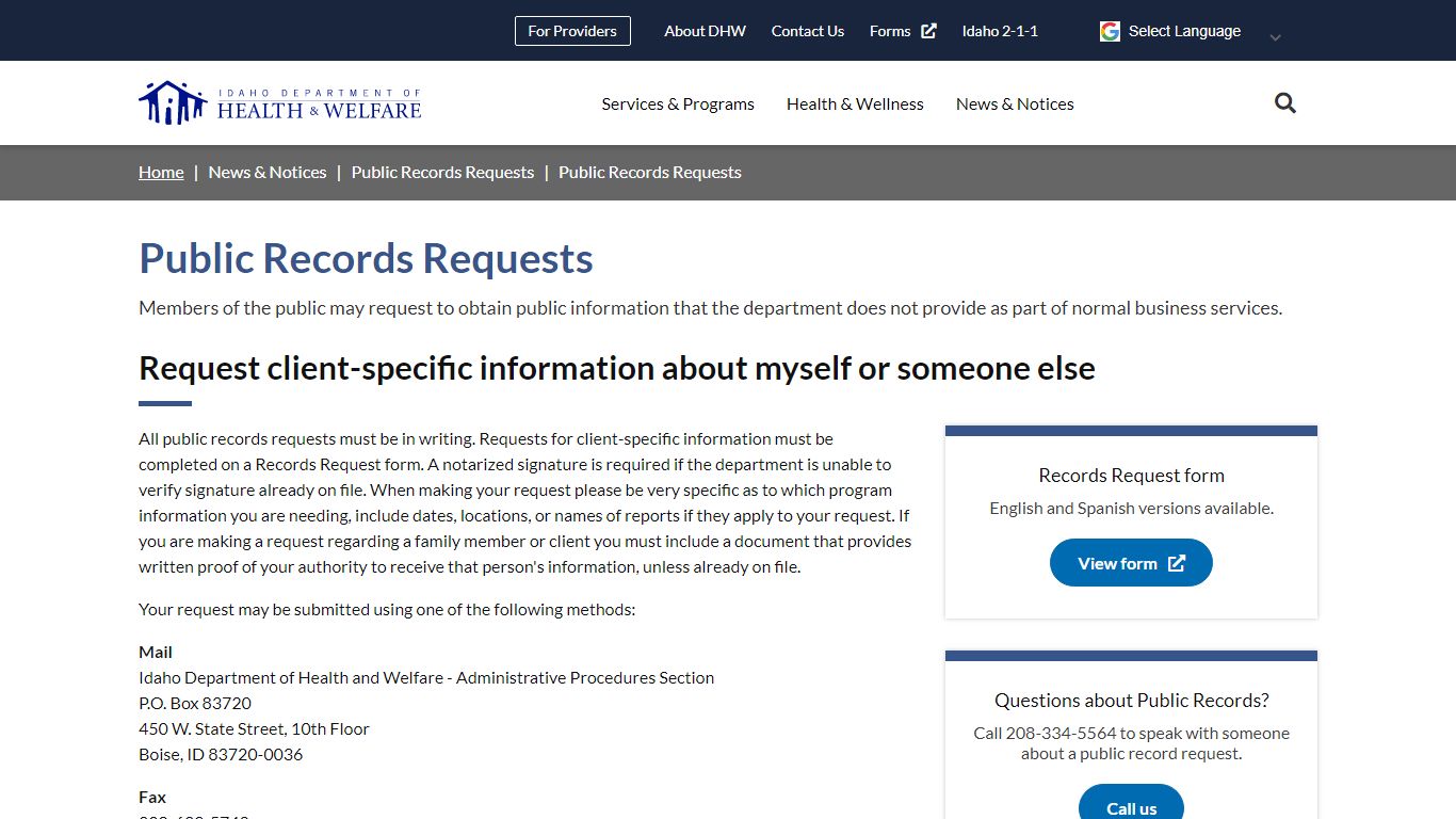 Public Records Requests | Idaho Department of Health and Welfare